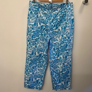 Talbots Stretch Cropped Tropical Print Pants - Blue & White - 12